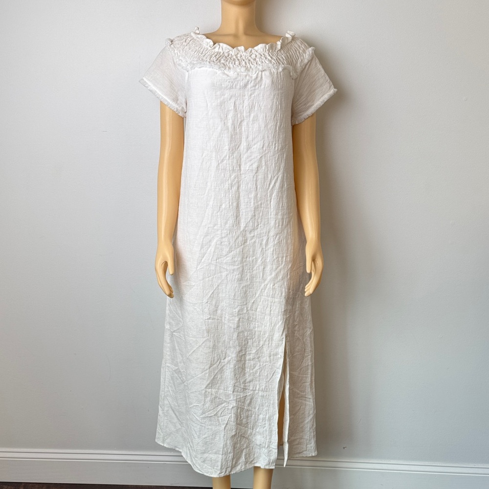 Line + Dot dress S ruffle Elegant White linen midi Dress